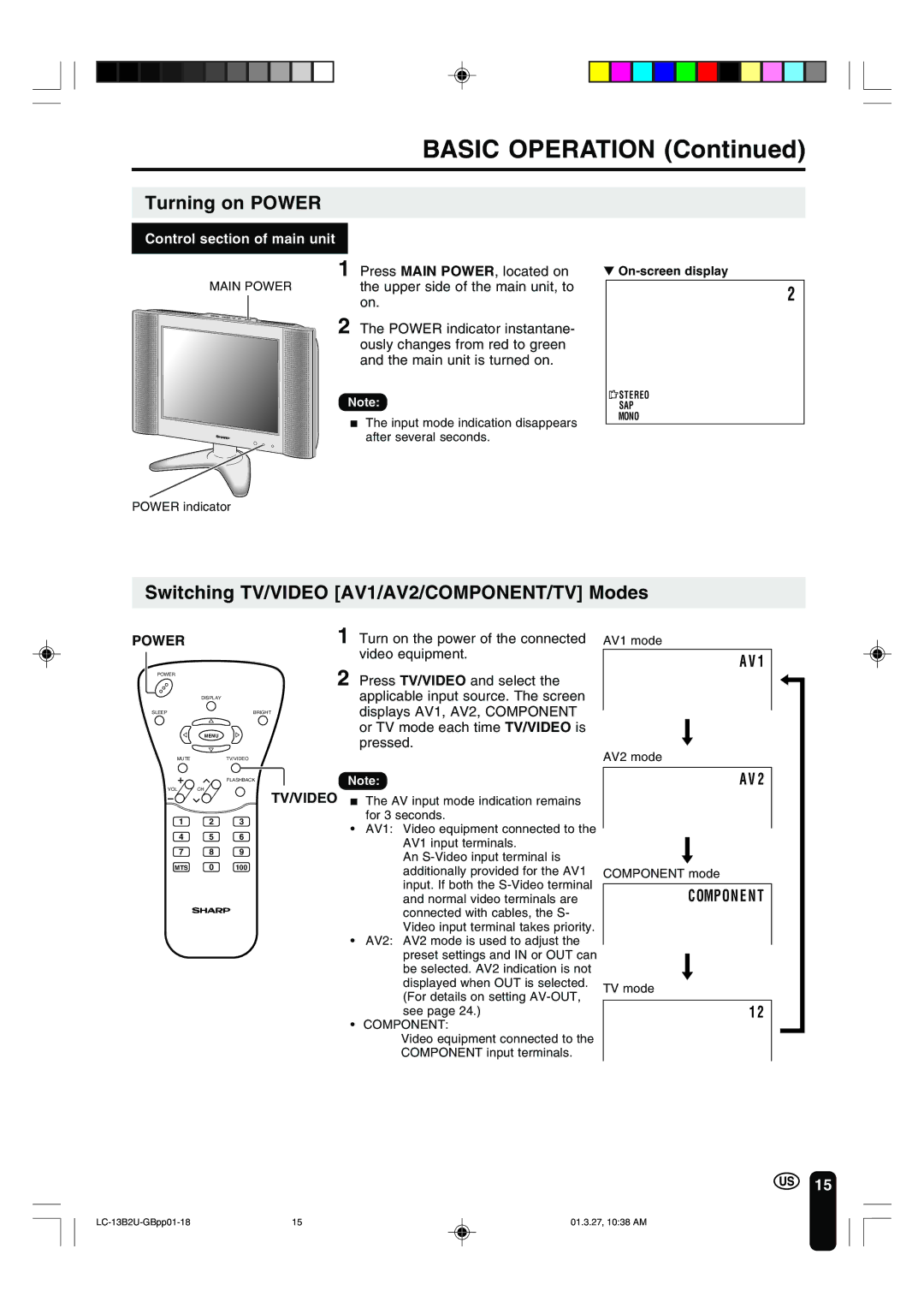 Sharp LC-13B2U operation manual Basic Operation, Turning on Power, Switching TV/VIDEO AV1/AV2/COMPONENT/TV Modes 