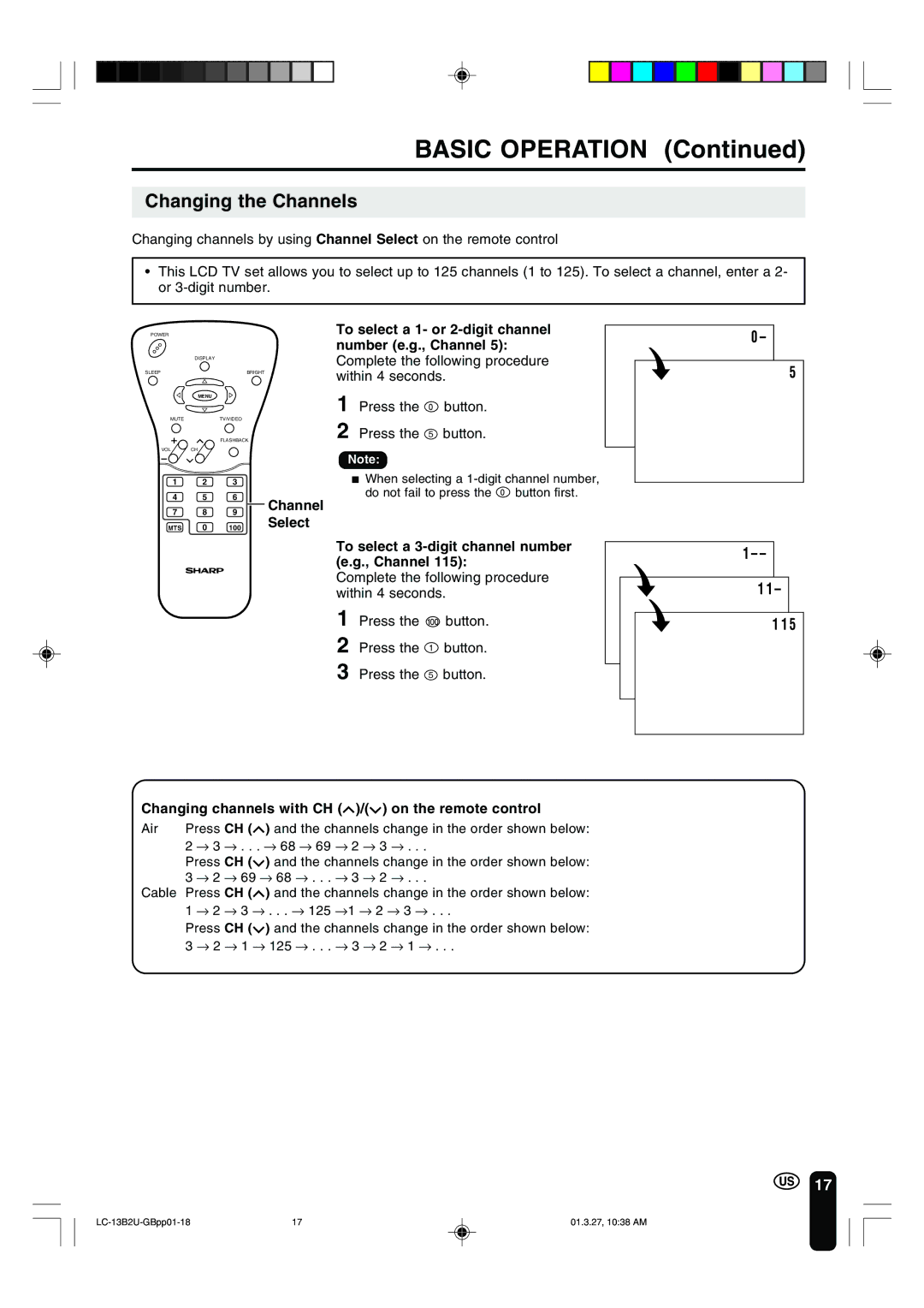 Sharp LC-13B2U operation manual Changing the Channels, Press the button Press the 5 button 