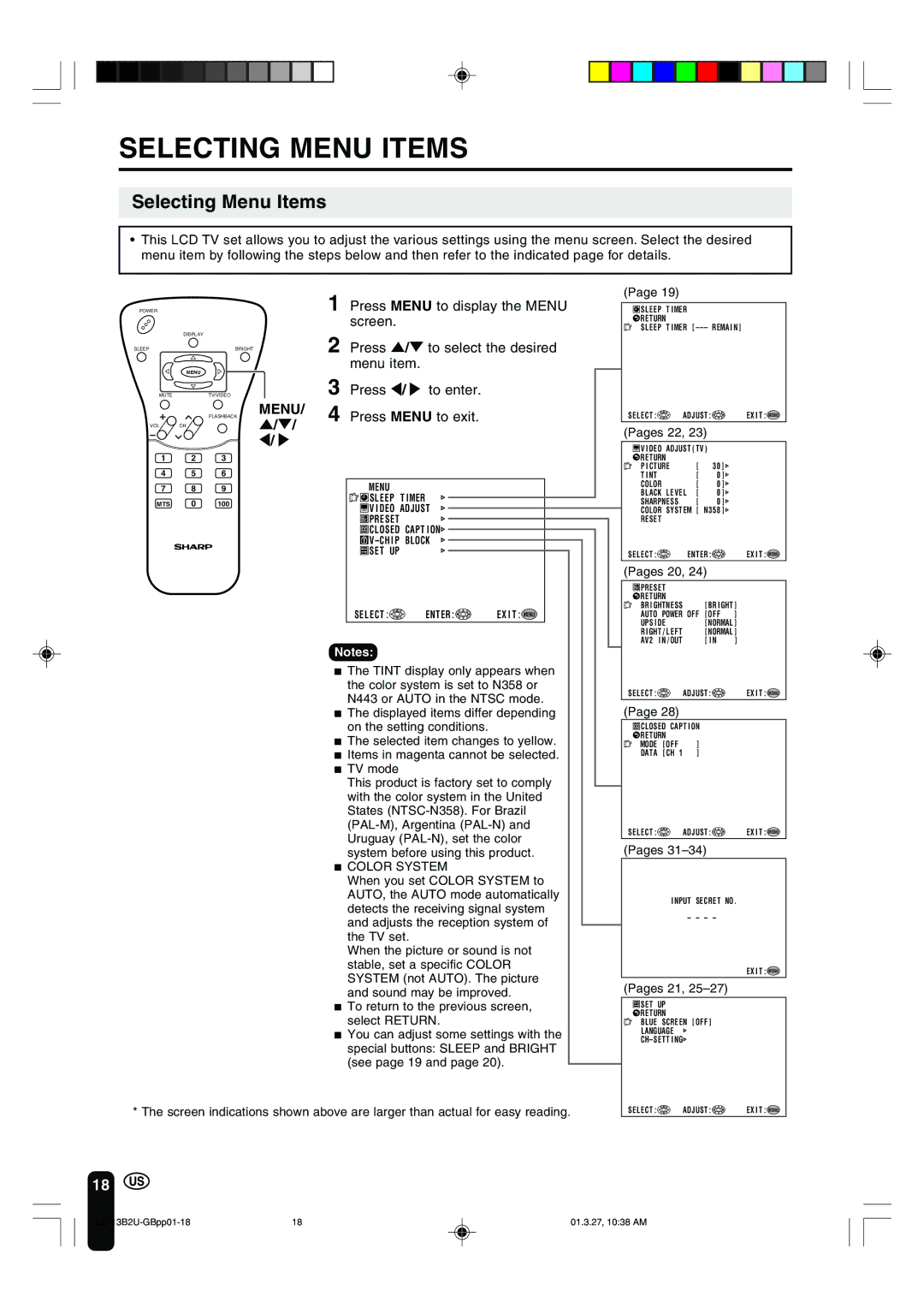 Sharp LC-13B2U operation manual Selecting Menu Items 