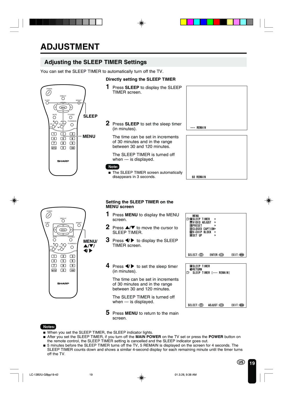 Sharp LC-13B2U operation manual Adjustment, Adjusting the Sleep Timer Settings, Directly setting the Sleep Timer 