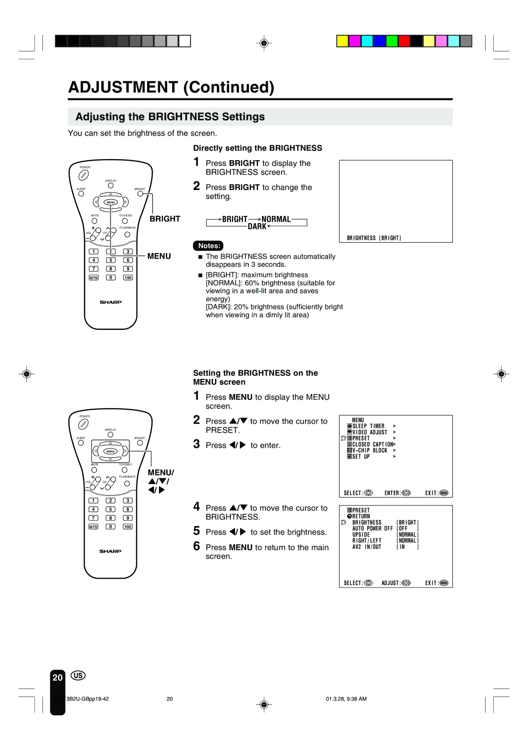 Sharp LC-13B2U operation manual Adjusting the Brightness Settings, Directly setting the Brightness 