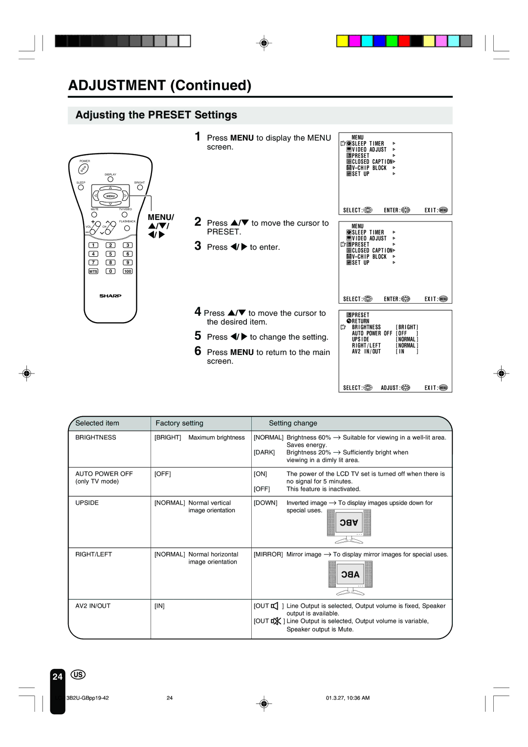 Sharp LC-13B2U operation manual Adjusting the Preset Settings, Abc, Press Menu to display the Menu screen 