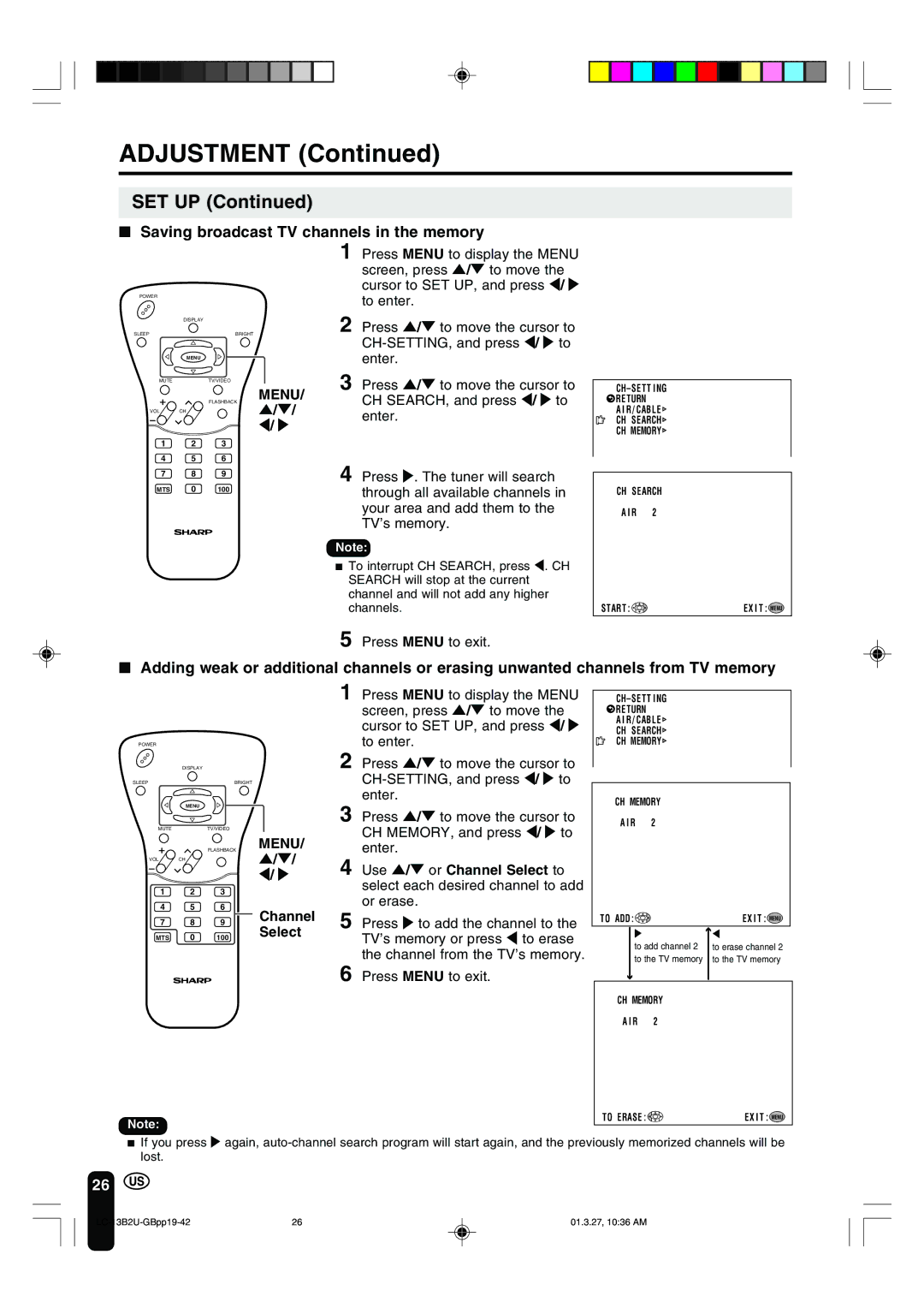 Sharp LC-13B2U operation manual Set Up, Saving broadcast TV channels in the memory, Select 