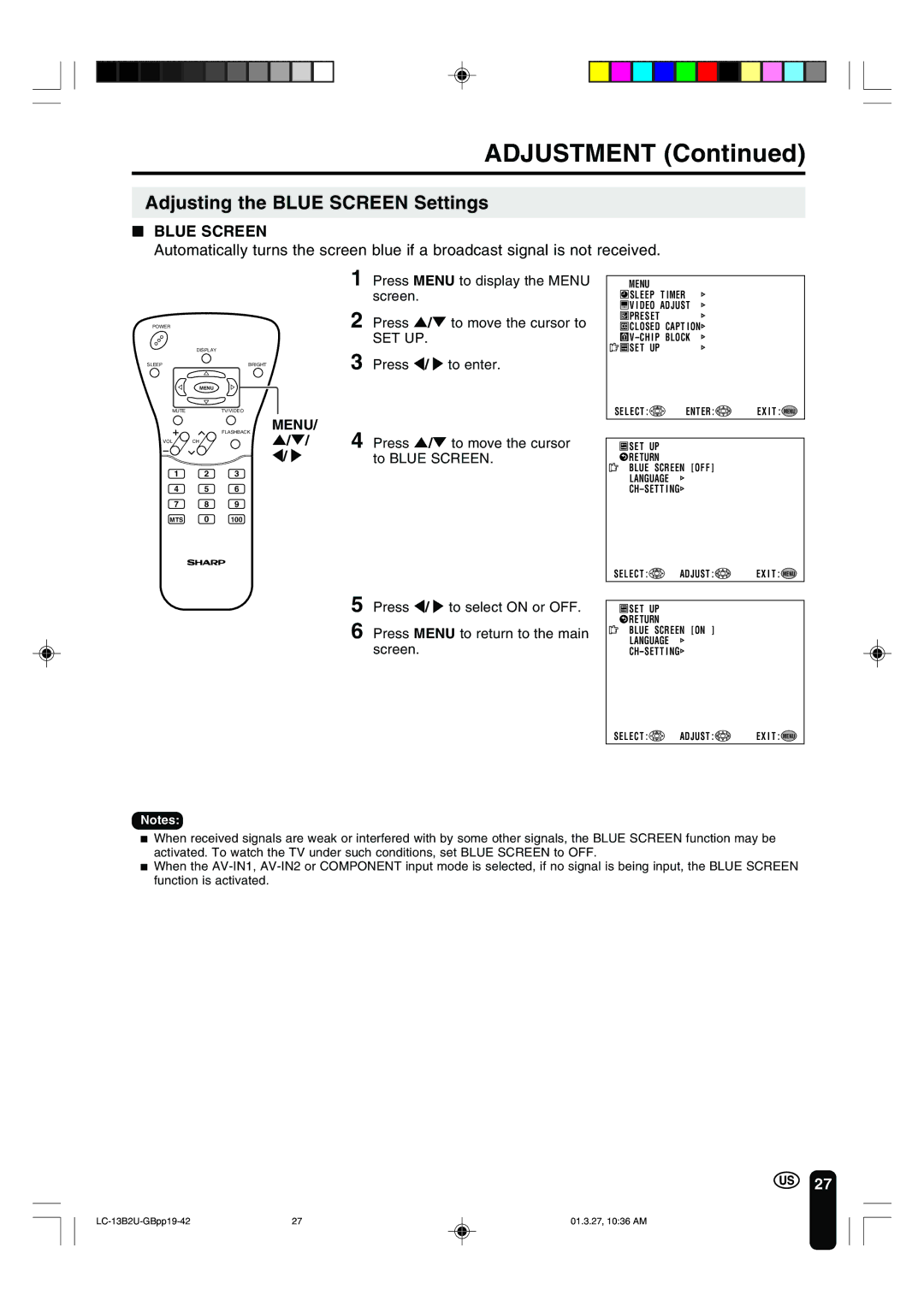 Sharp LC-13B2U Adjusting the Blue Screen Settings, Press / to enter Press / to move the cursor to Blue Screen 