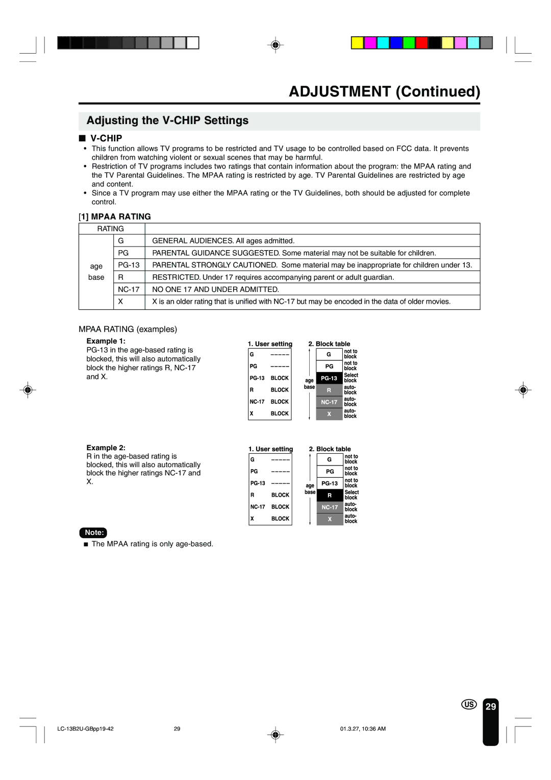 Sharp LC-13B2U operation manual Adjusting the V-CHIP Settings, Chip, Mpaa Rating examples 