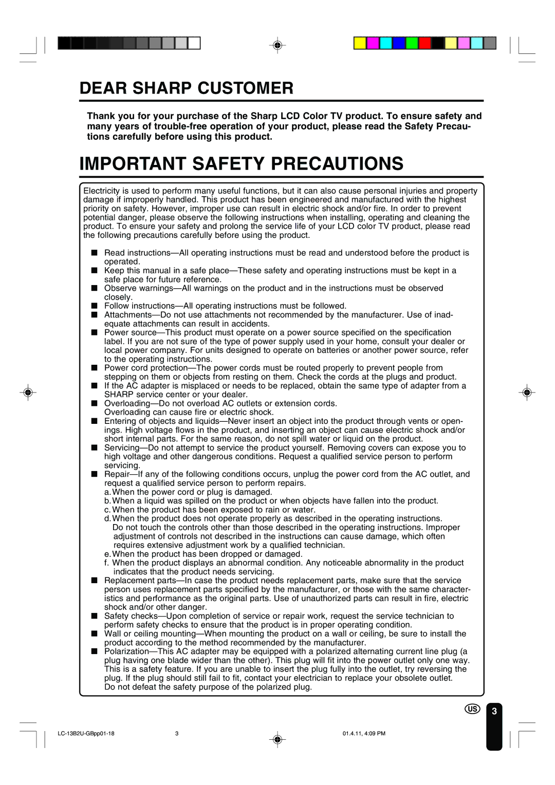 Sharp LC-13B2U operation manual Important Safety Precautions, Dear Sharp Customer 