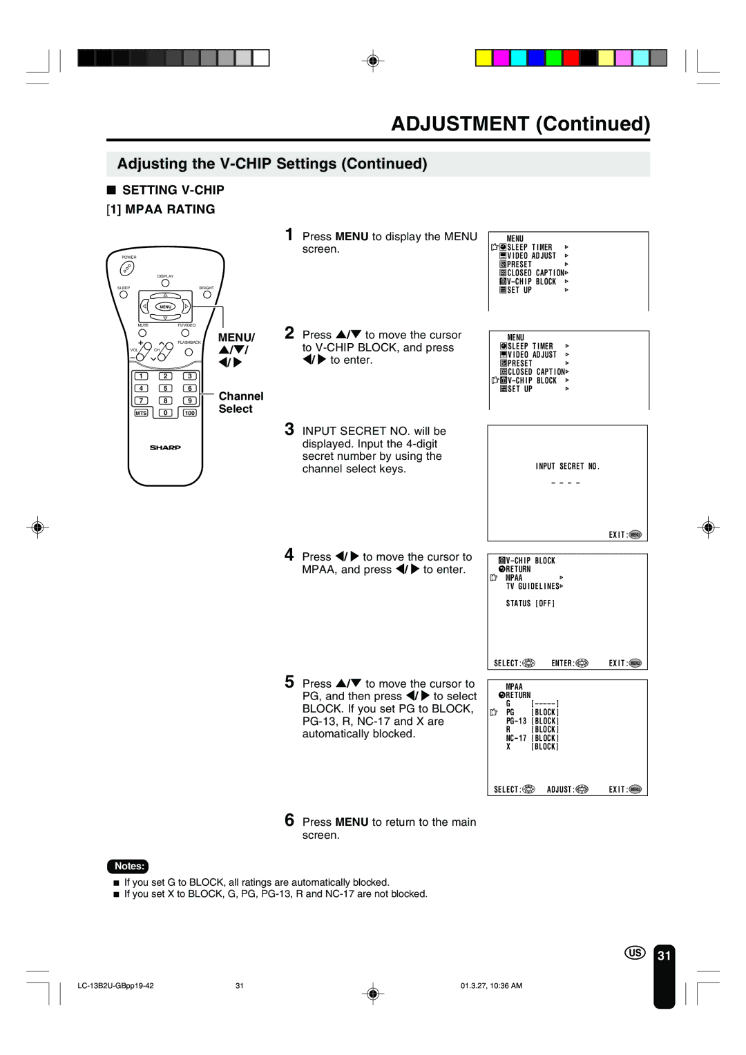 Sharp LC-13B2U Setting V-CHIP Mpaa Rating, Press / to move the cursor, To V-CHIP BLOCK, and press, To enter 