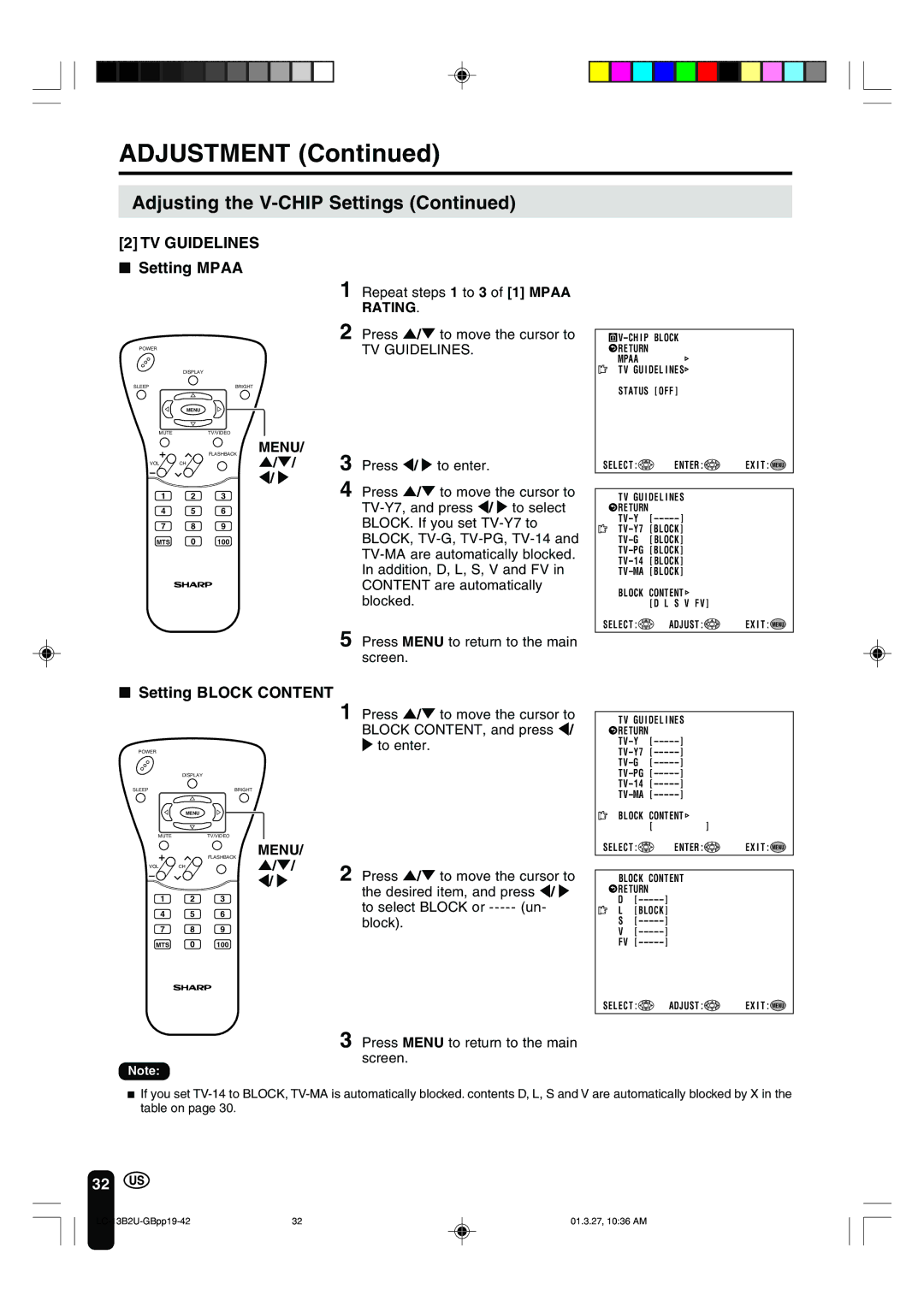 Sharp LC-13B2U operation manual TV Guidelines, Setting Mpaa, Setting Block Content 