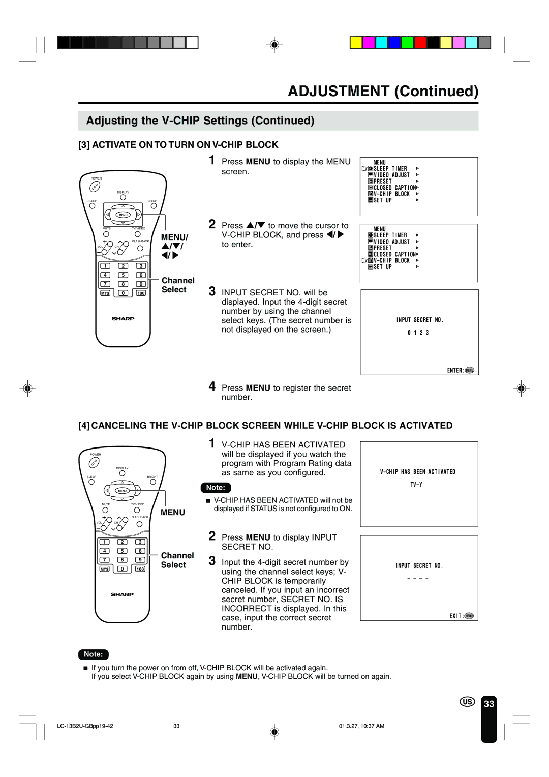 Sharp LC-13B2U Activate on to Turn on V-CHIP Block, Press Menu to register the secret number, Channel Select 