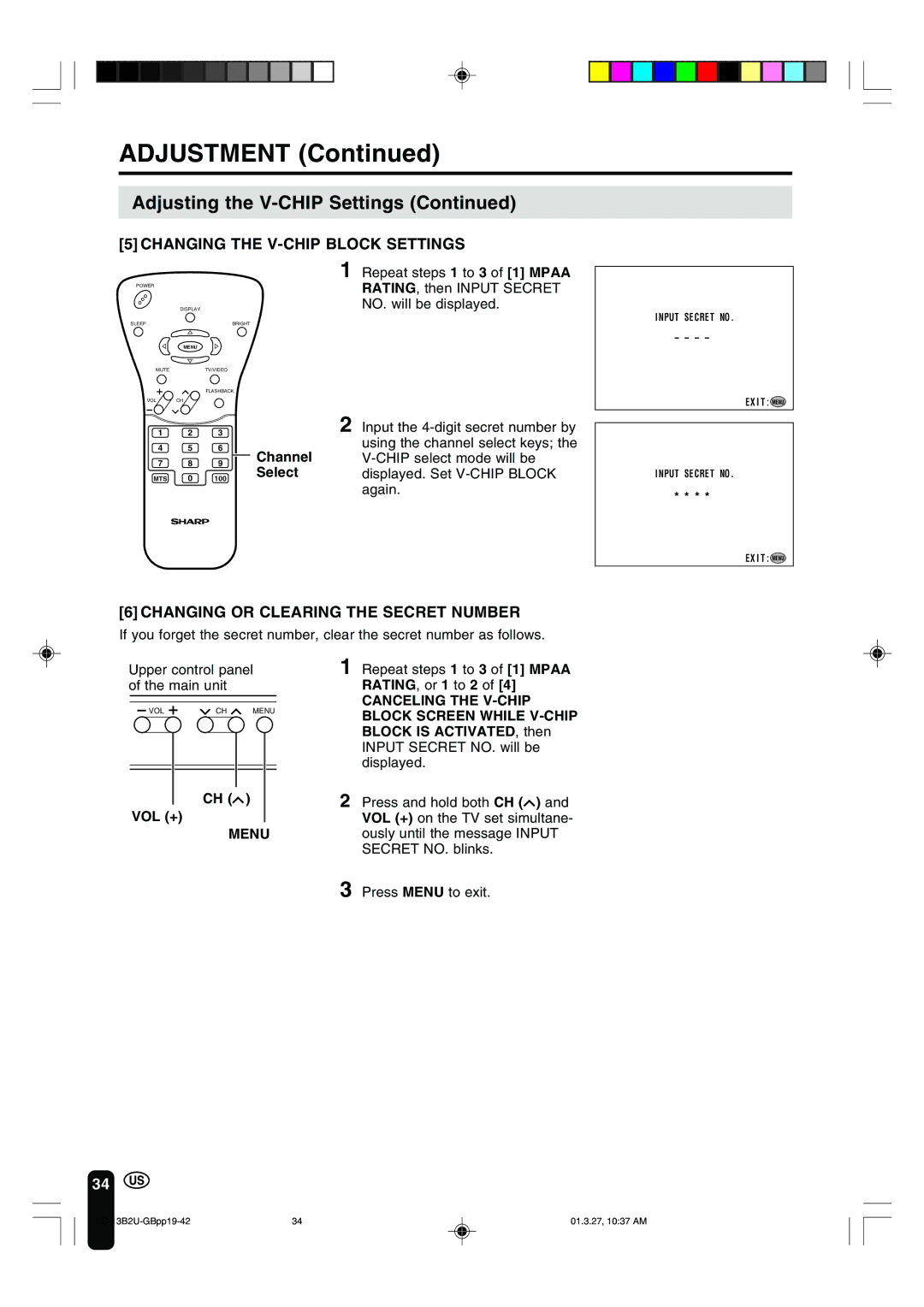 Sharp LC-13B2U operation manual Changing the V-CHIP Block Settings, Changing or Clearing the Secret Number, Vol + 