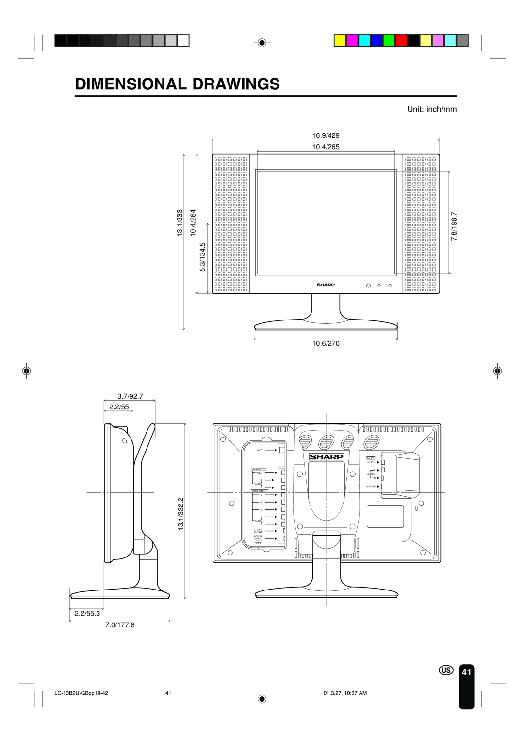 Sharp LC-13B2U operation manual Dimensional Drawings, Unit inch/mm 