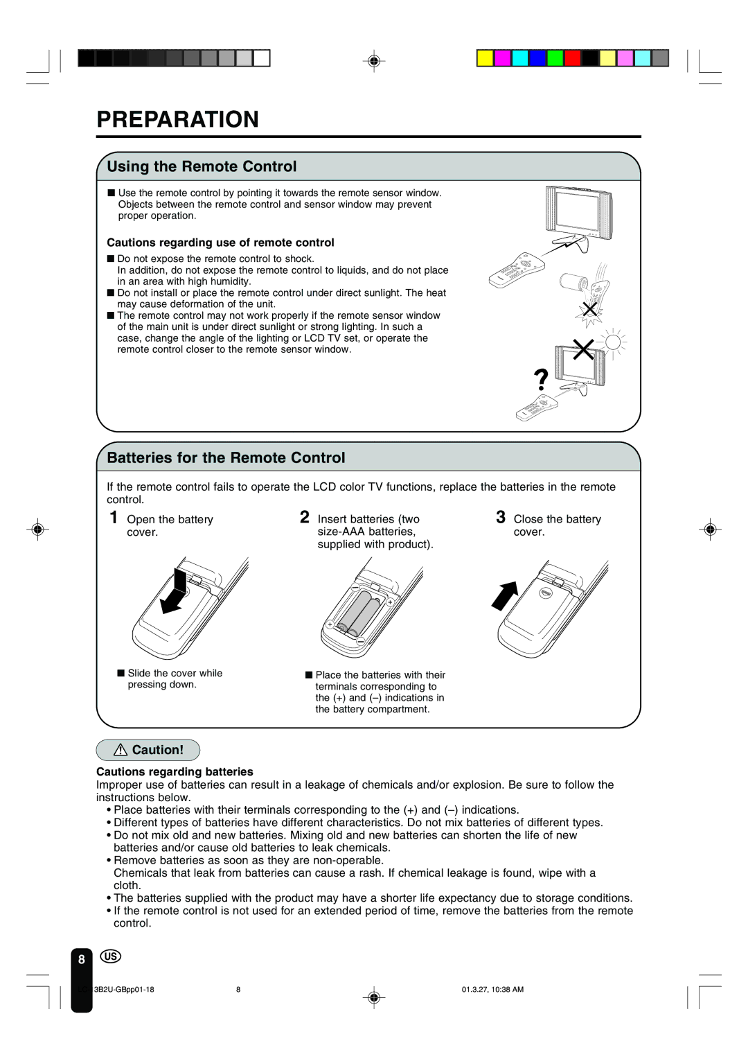 Sharp LC-13B2U operation manual Preparation, Using the Remote Control, Batteries for the Remote Control 