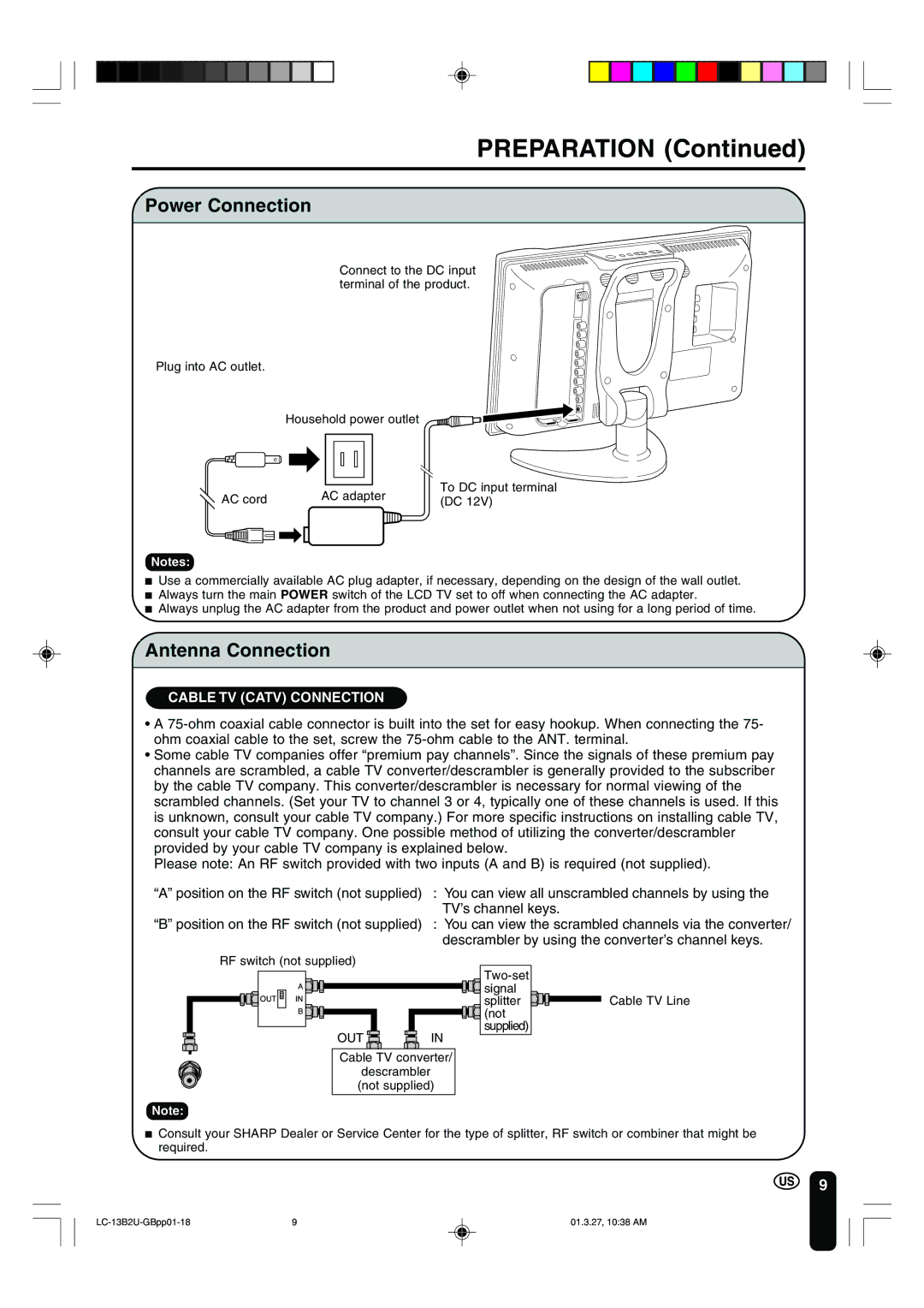 Sharp LC-13B2U operation manual Preparation, Power Connection, Antenna Connection 