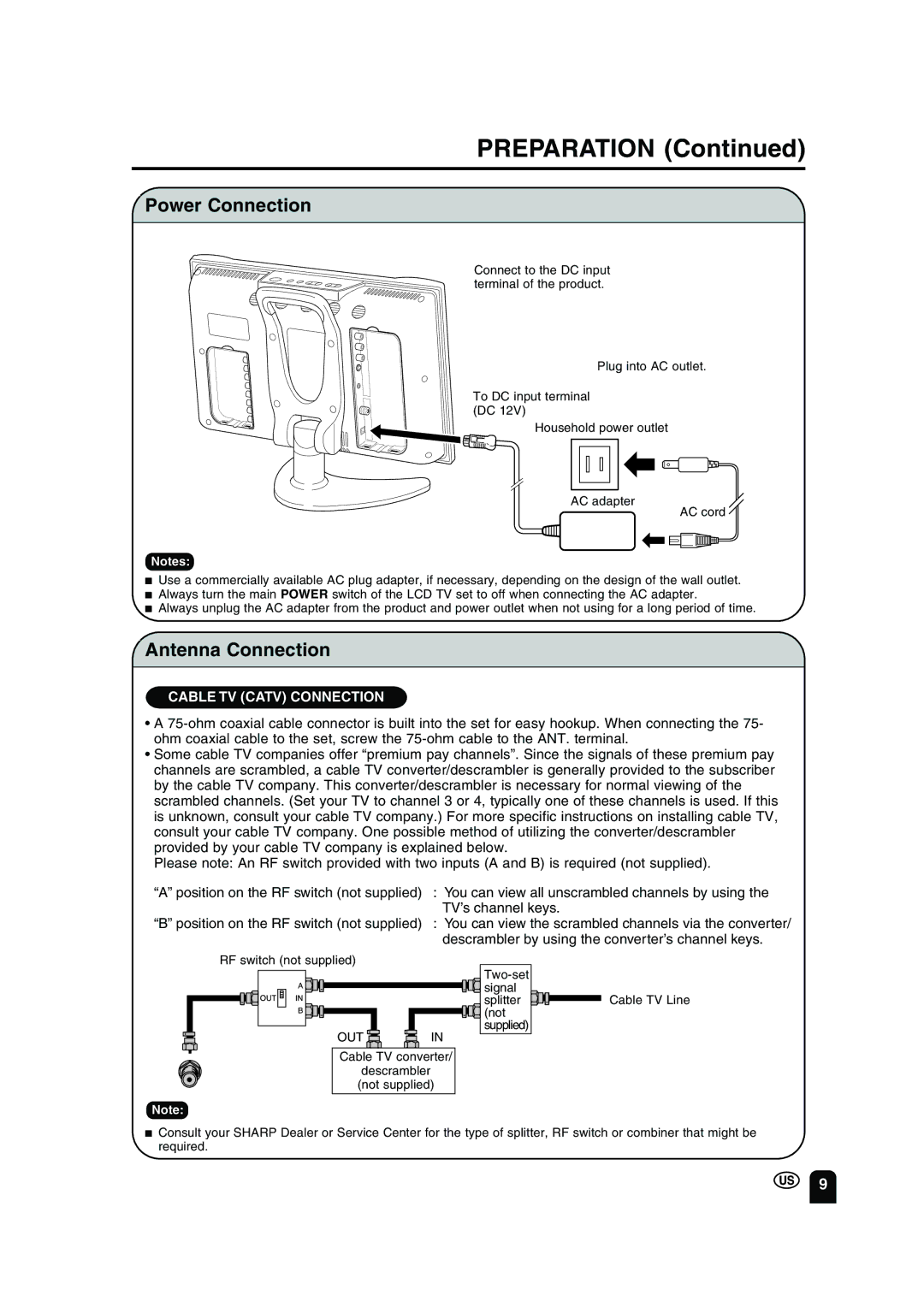 Sharp LC-13B2UA operation manual Preparation, Power Connection, Antenna Connection 