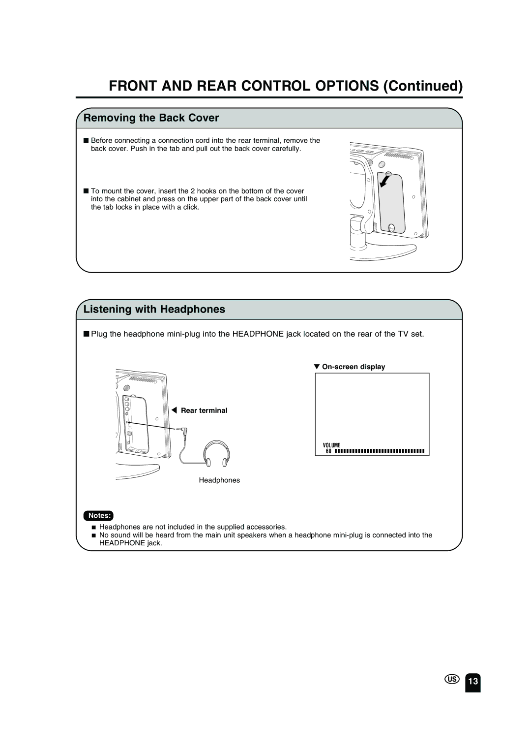 Sharp LC-13B2UA operation manual Removing the Back Cover, Listening with Headphones 