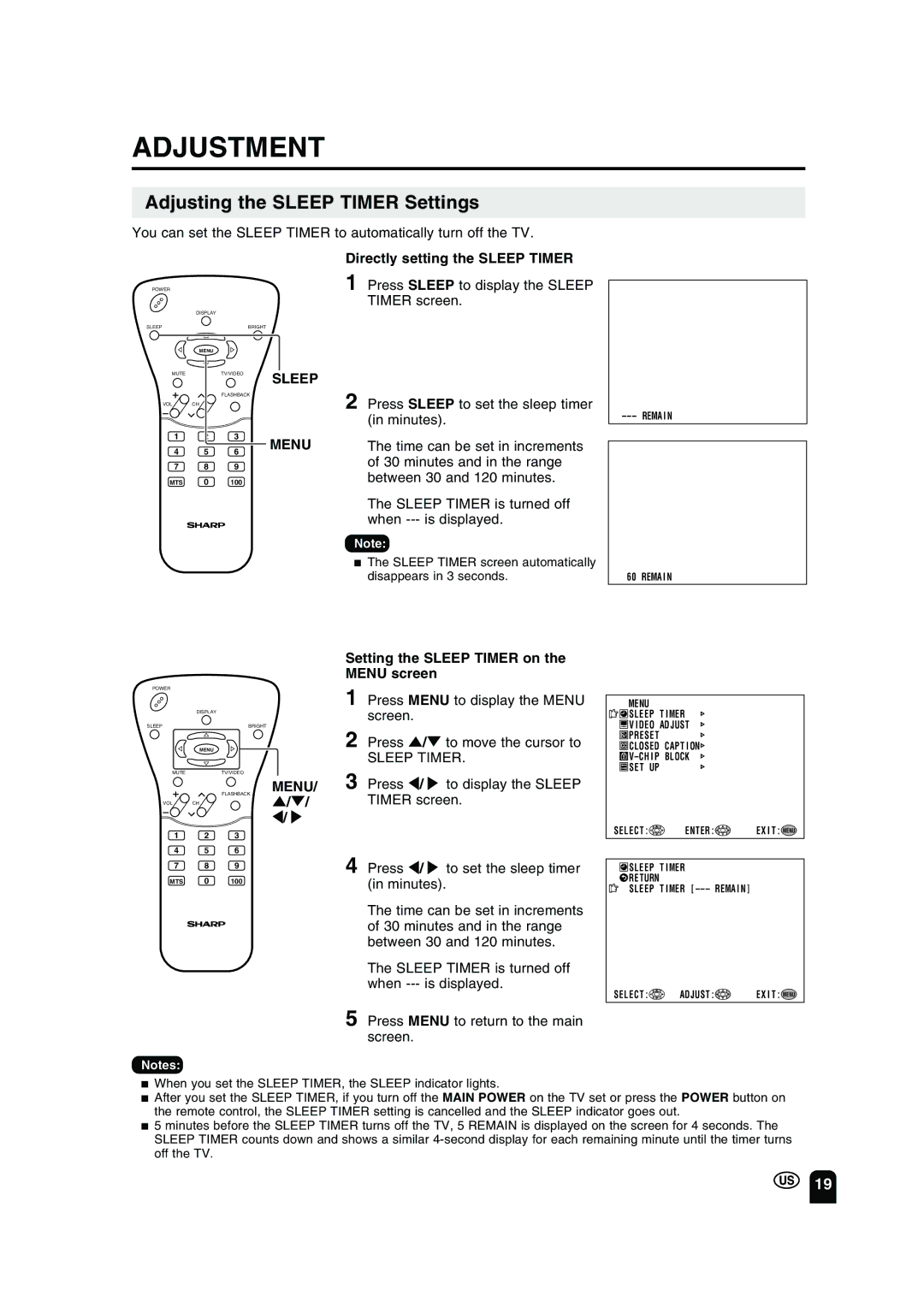 Sharp LC-13B2UA operation manual Adjustment, Adjusting the Sleep Timer Settings, Directly setting the Sleep Timer 