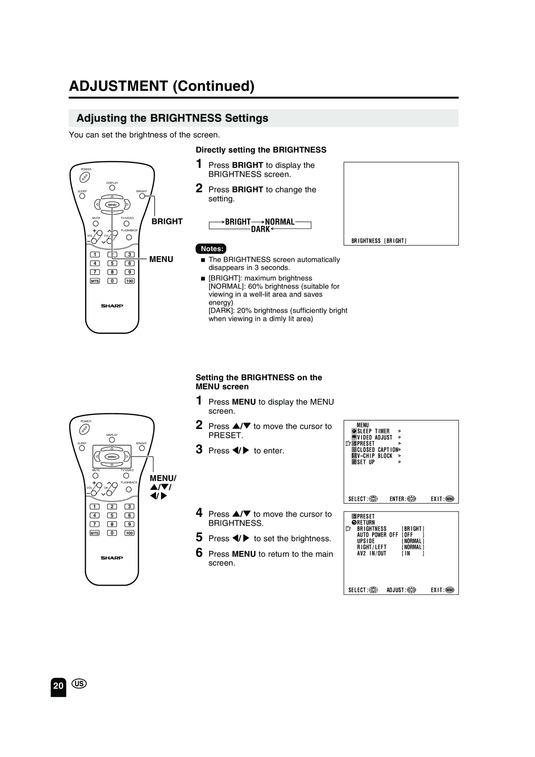 Sharp LC-13B2UA operation manual Adjustment, Adjusting the Brightness Settings, Directly setting the Brightness 