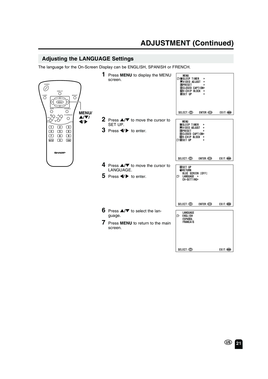 Sharp LC-13B2UA operation manual Adjusting the Language Settings, Screen, Press / to move the cursor to, Press / to enter 