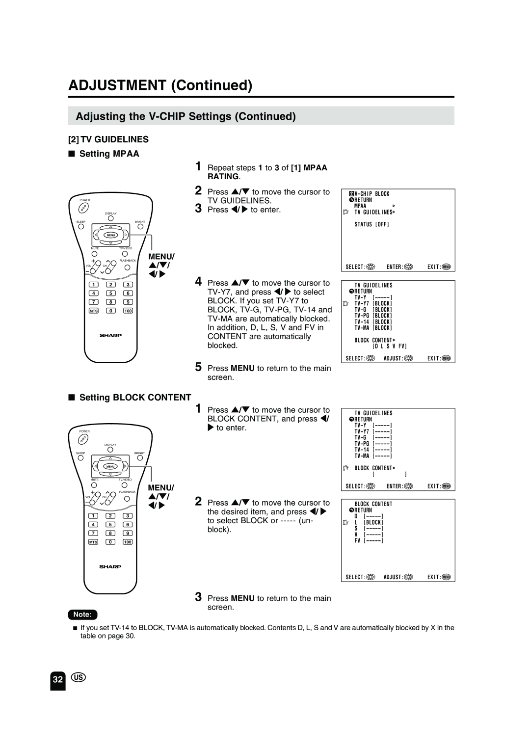 Sharp LC-13B2UA operation manual TV Guidelines, Setting Mpaa, Setting Block Content 