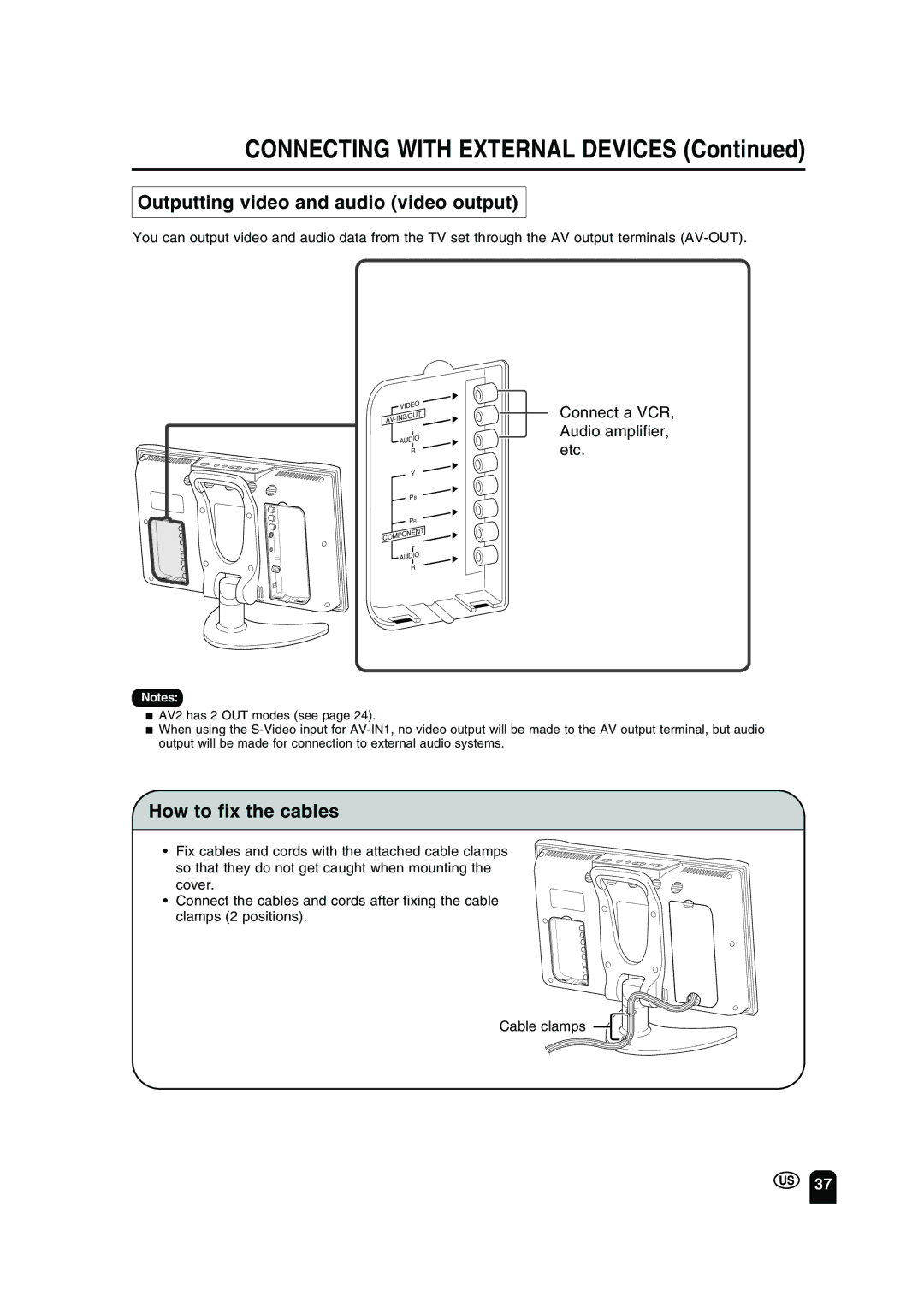 Sharp LC-13B2UA operation manual Outputting video and audio video output, How to fix the cables 