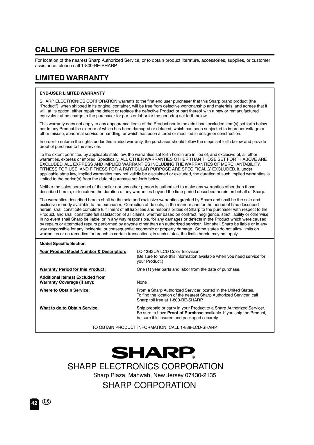 Sharp LC-13B2UA operation manual Sharp Electronics Corporation 