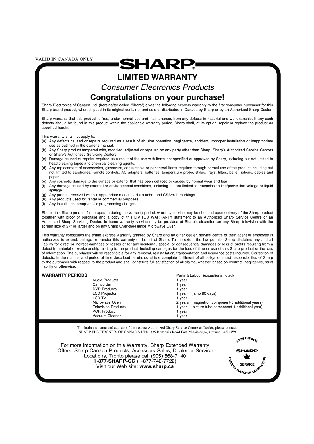 Sharp LC-13B2UA operation manual Limited Warranty 