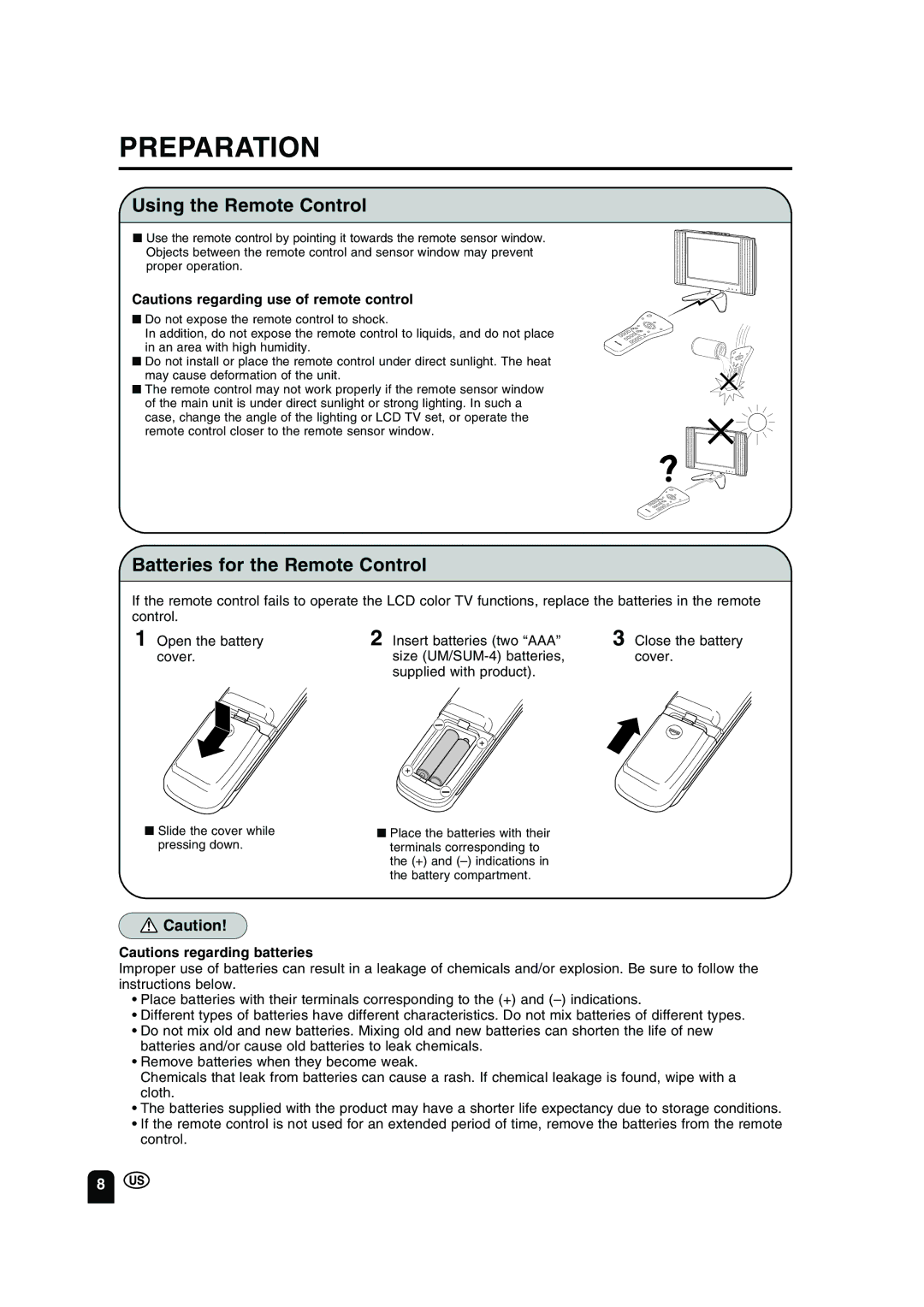 Sharp LC-13B2UA operation manual Preparation, Using the Remote Control, Batteries for the Remote Control 