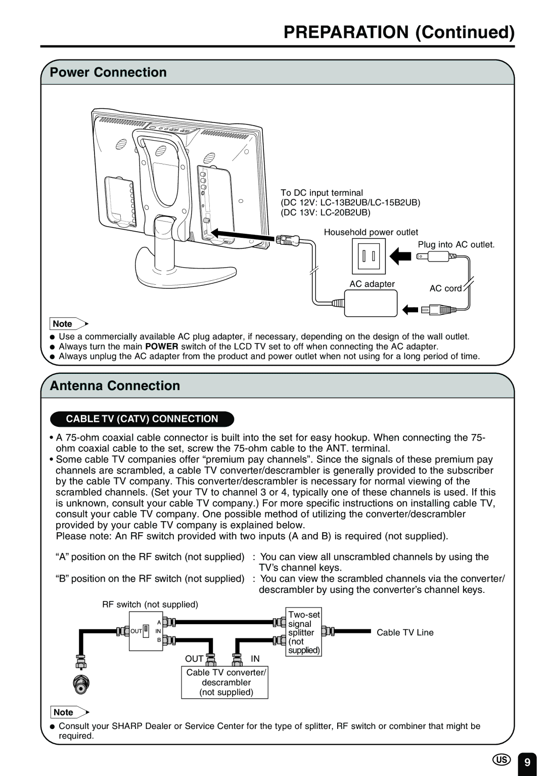 Sharp LC-13B2UB operation manual Preparation, Power Connection, Antenna Connection 