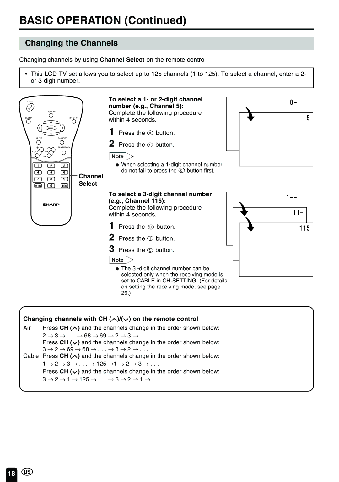 Sharp LC-13B2UB operation manual Changing the Channels, Press the button Press the 5 button 