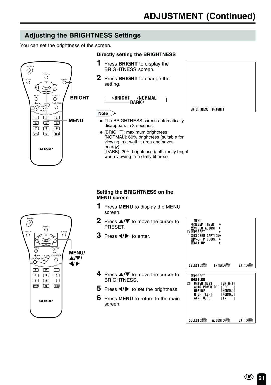 Sharp LC-13B2UB operation manual Adjustment, Adjusting the Brightness Settings, Bright Normal Dark 