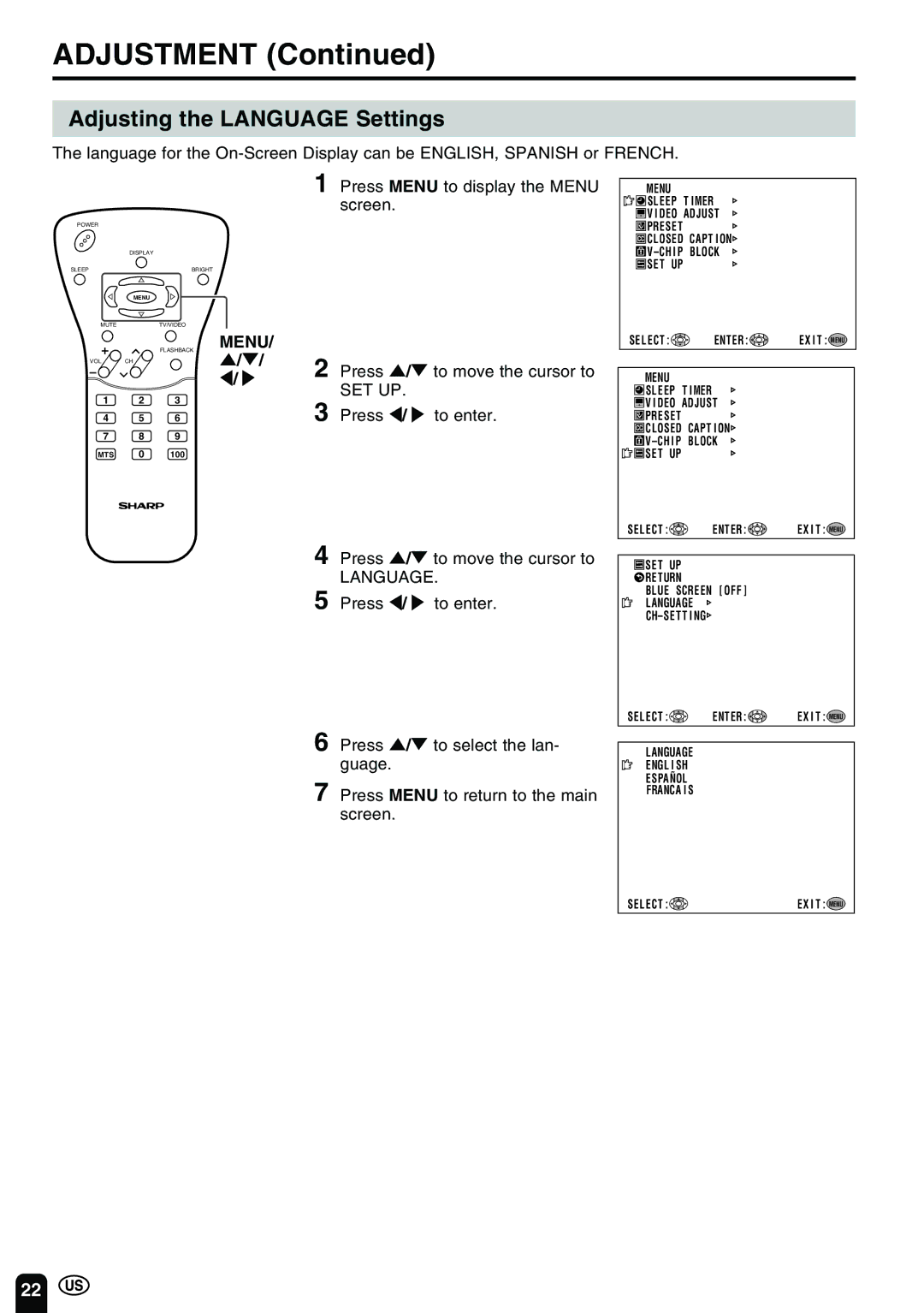 Sharp LC-13B2UB operation manual Adjusting the Language Settings, Press / to move the cursor to 