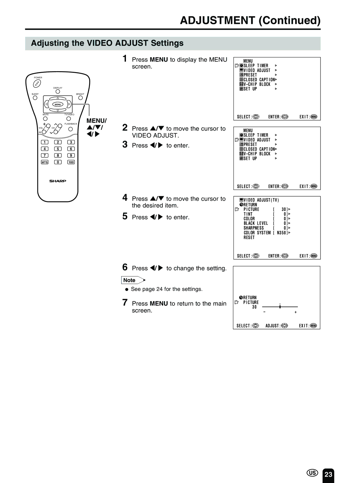 Sharp LC-13B2UB operation manual Adjusting the Video Adjust Settings, Press / to enter 