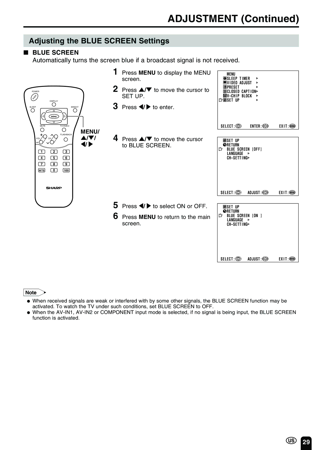 Sharp LC-13B2UB Adjusting the Blue Screen Settings, Press / to enter Press / to move the cursor to Blue Screen 