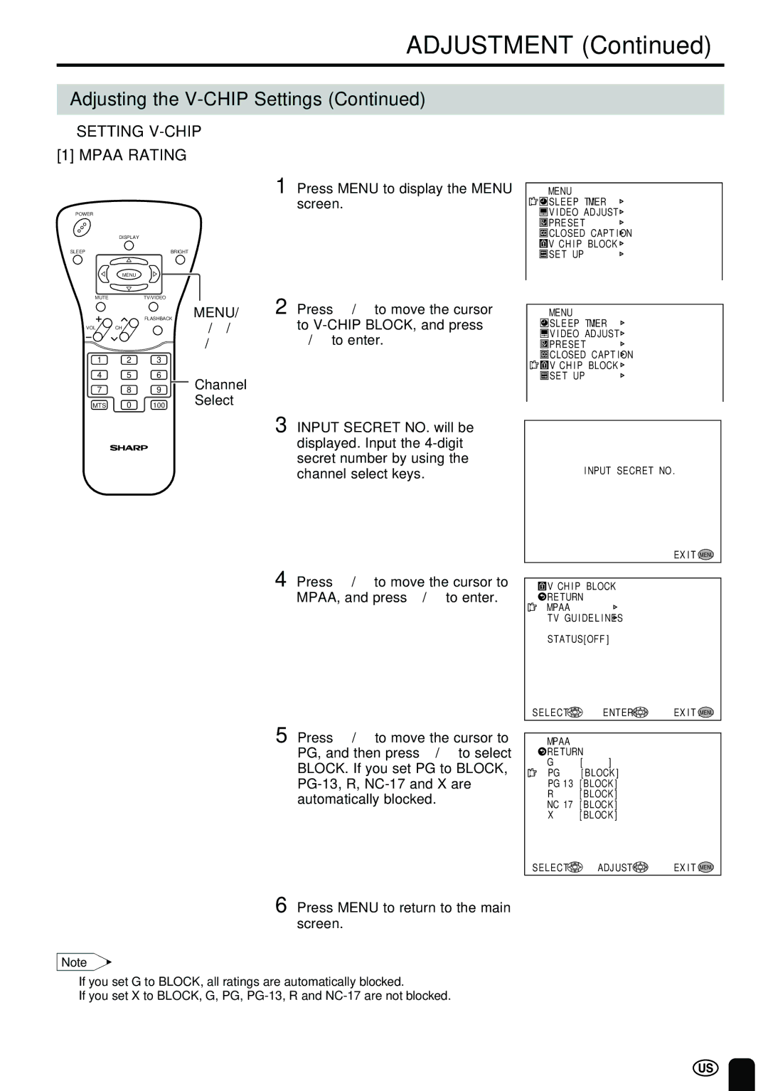 Sharp LC-13B2UB Setting V-CHIP Mpaa Rating, Press / to move the cursor, To V-CHIP BLOCK, and press, To enter 