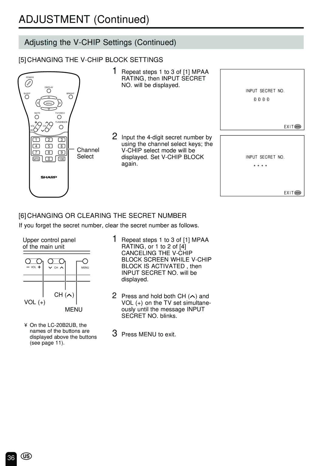 Sharp LC-13B2UB operation manual Changing the V-CHIP Block Settings, Changing or Clearing the Secret Number, Vol + 