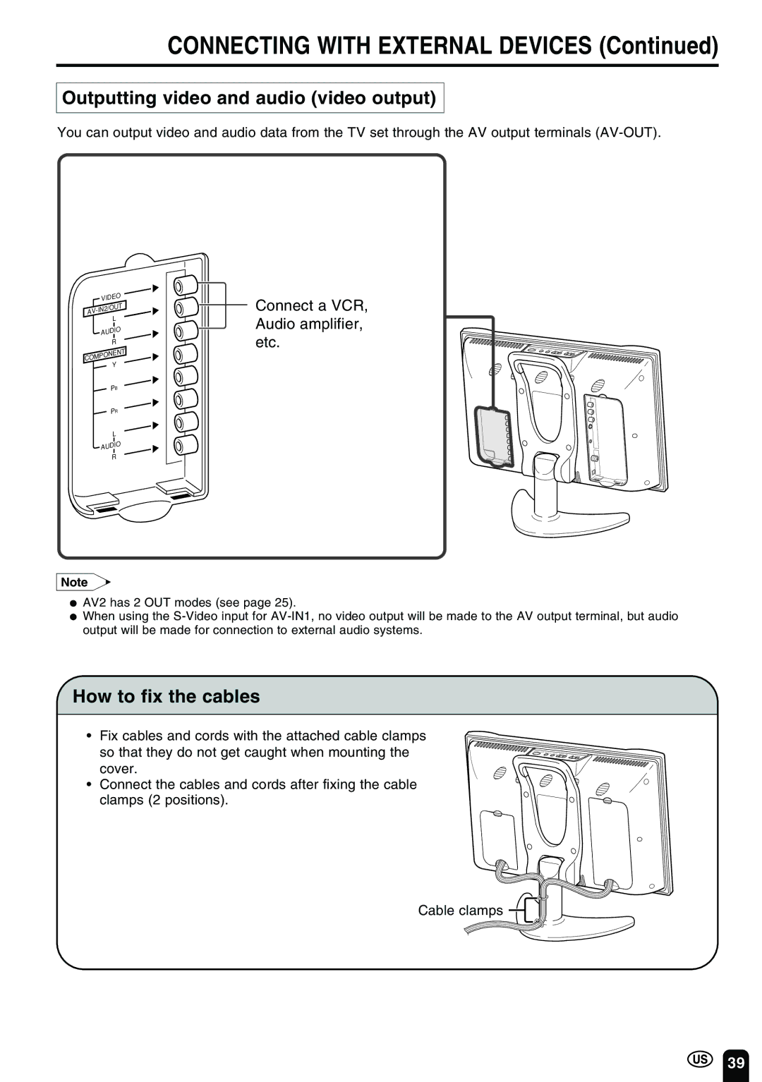 Sharp LC-13B2UB operation manual Outputting video and audio video output, How to fix the cables 