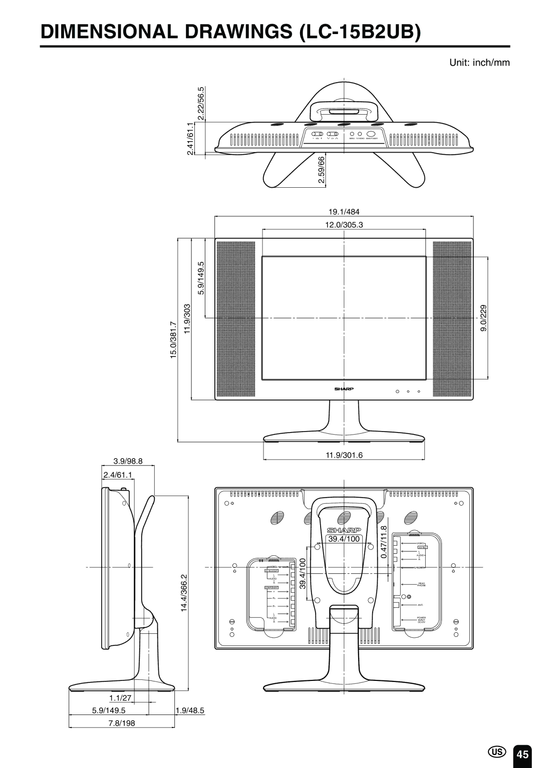 Sharp LC-13B2UB operation manual Dimensional Drawings LC-15B2UB 