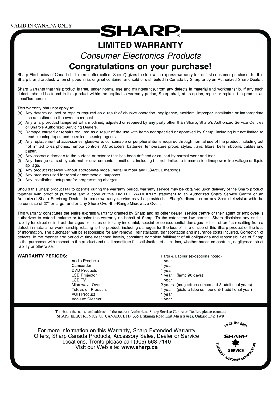 Sharp LC-13B2UB operation manual Limited Warranty 