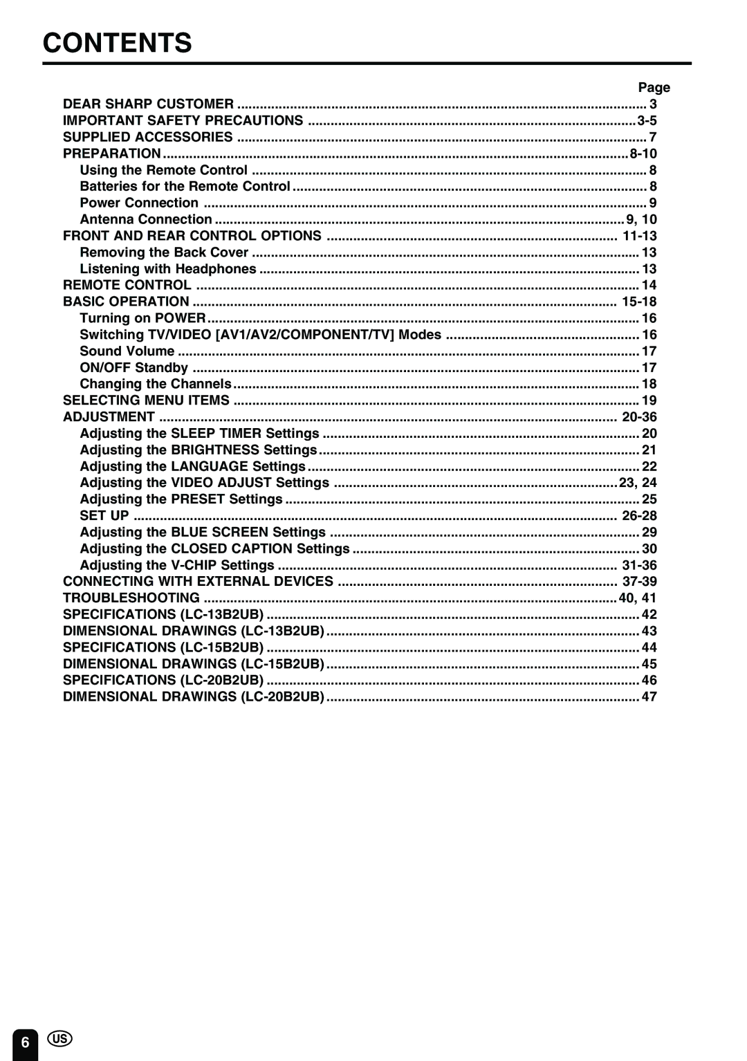 Sharp LC-13B2UB operation manual Contents 