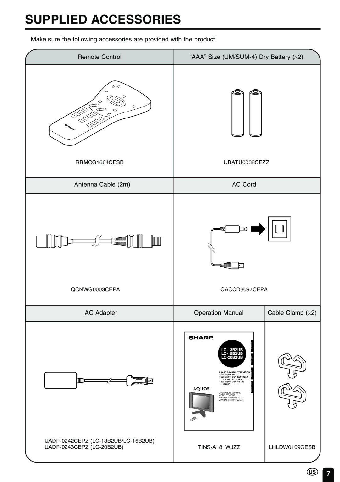 Sharp LC-13B2UB operation manual Supplied Accessories, Antenna Cable 2m, AC Adapter, Cable Clamp ⋅2 