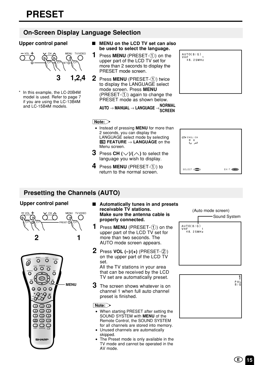 Sharp LC-13B4M/LC-15B4M/LC-20B4M operation manual On-Screen Display Language Selection, Presetting the Channels Auto 