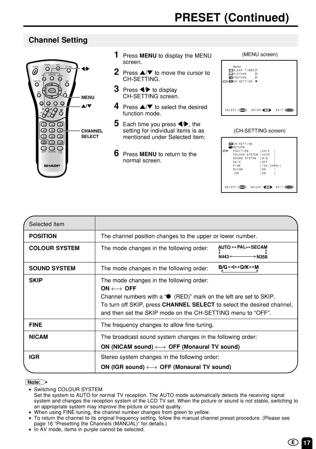 Sharp LC-13B4M/LC-15B4M/LC-20B4M operation manual Channel Setting 