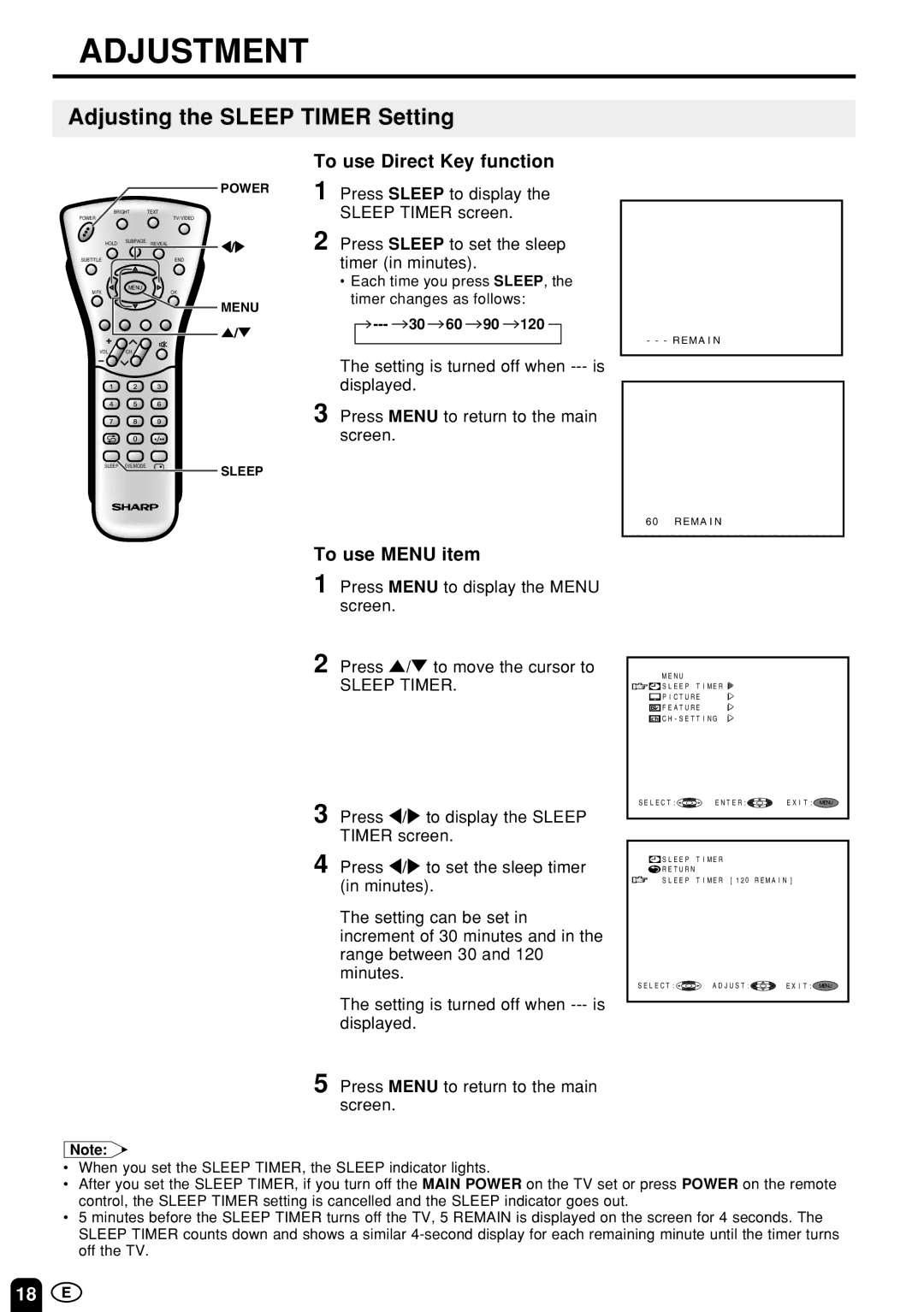 Sharp LC-13B4M/LC-15B4M/LC-20B4M operation manual Adjustment, Adjusting the Sleep Timer Setting 