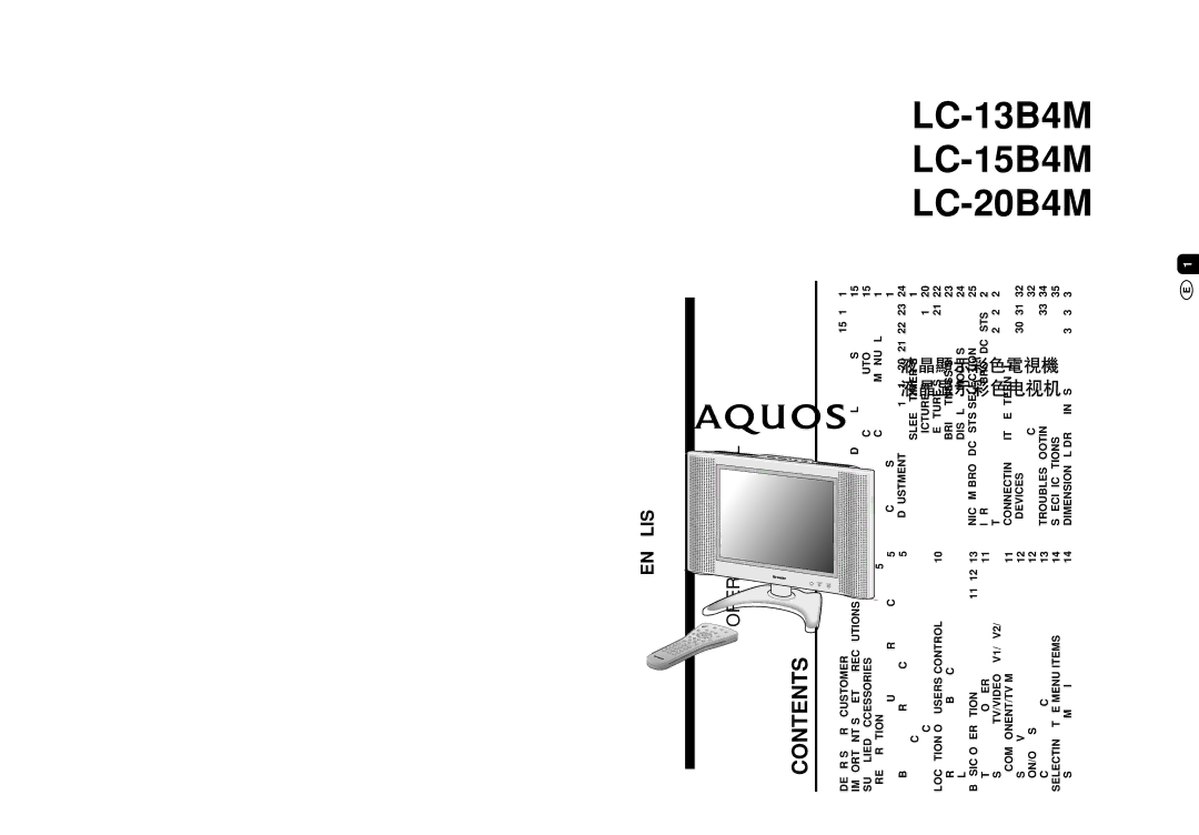 Sharp LC-13B4M/LC-15B4M/LC-20B4M operation manual LC-13B4M LC-15B4M LC-20B4M, Contents 