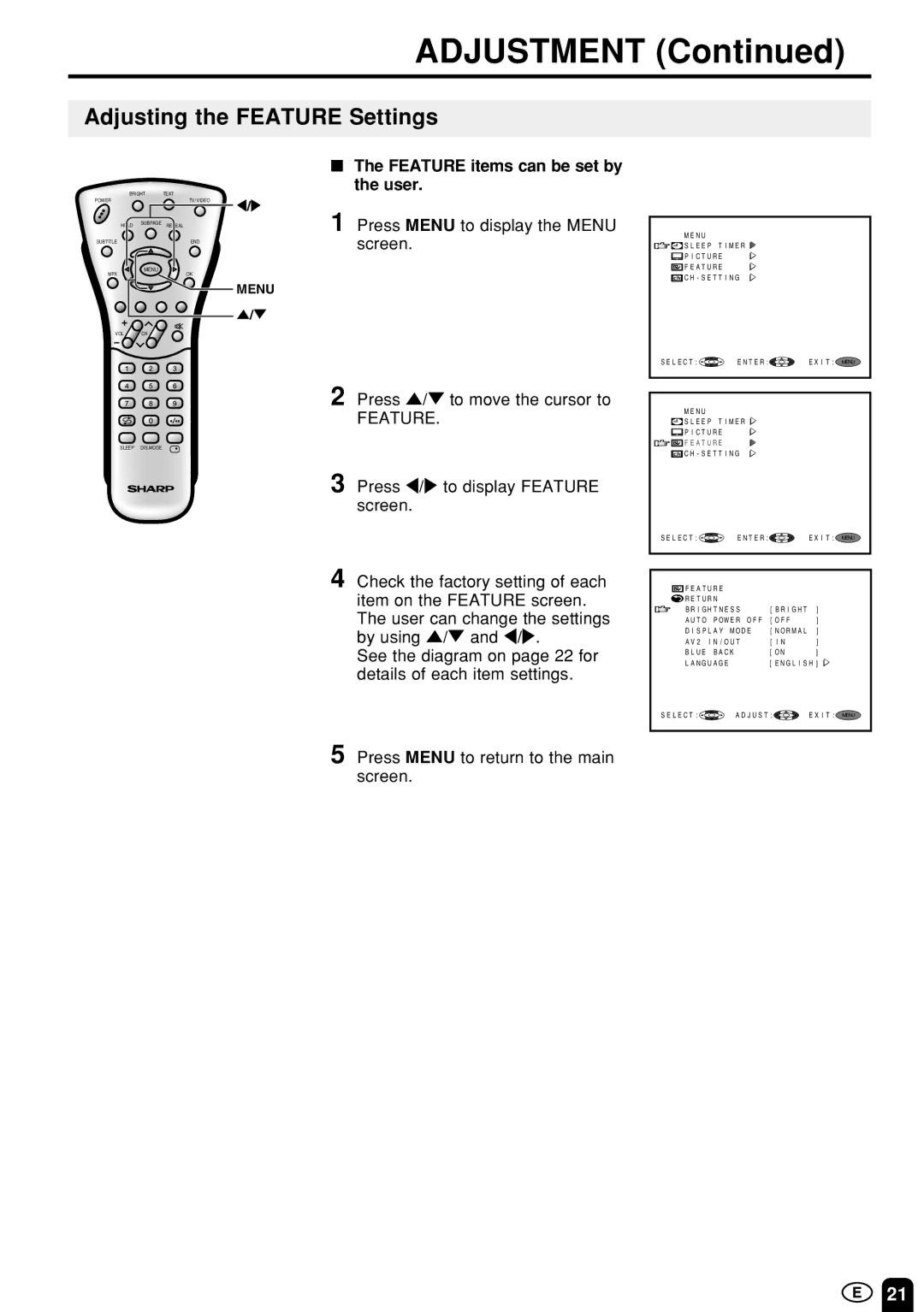 Sharp LC-13B4M/LC-15B4M/LC-20B4M operation manual Adjusting the Feature Settings, Feature items can be set by the user 