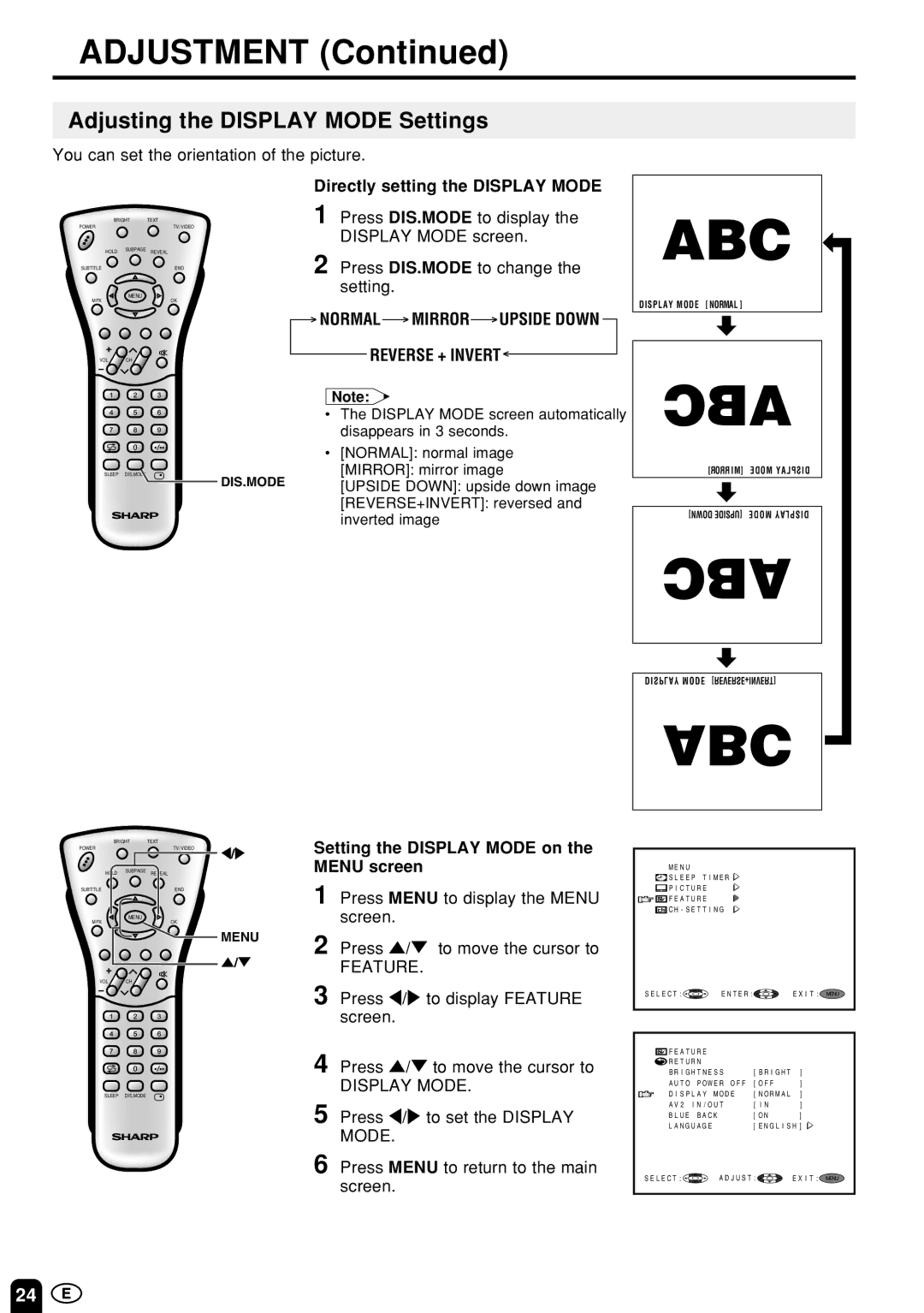 Sharp LC-13B4M/LC-15B4M/LC-20B4M operation manual Adjusting the Display Mode Settings, Directly setting the Display Mode 