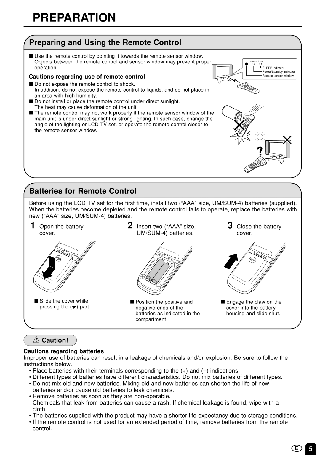 Sharp LC-13B4M/LC-15B4M/LC-20B4M Preparation, Preparing and Using the Remote Control, Batteries for Remote Control 