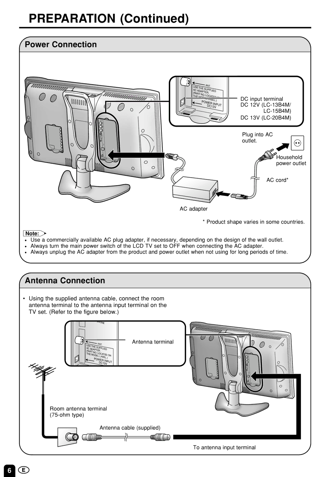 Sharp LC-13B4M/LC-15B4M/LC-20B4M operation manual Preparation, Power Connection, Antenna Connection 