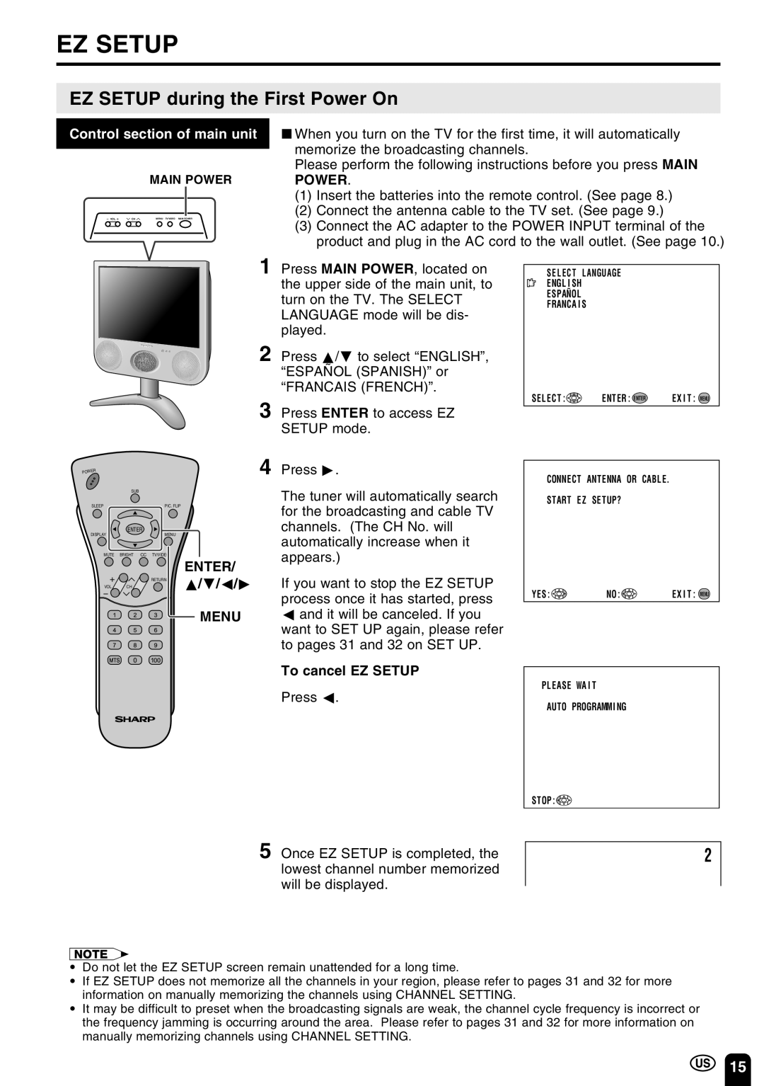 Sharp LC-15C3U, LC-13C3U, LC-20C3U EZ Setup during the First Power On, Enter, Menu, To cancel EZ Setup Press c 