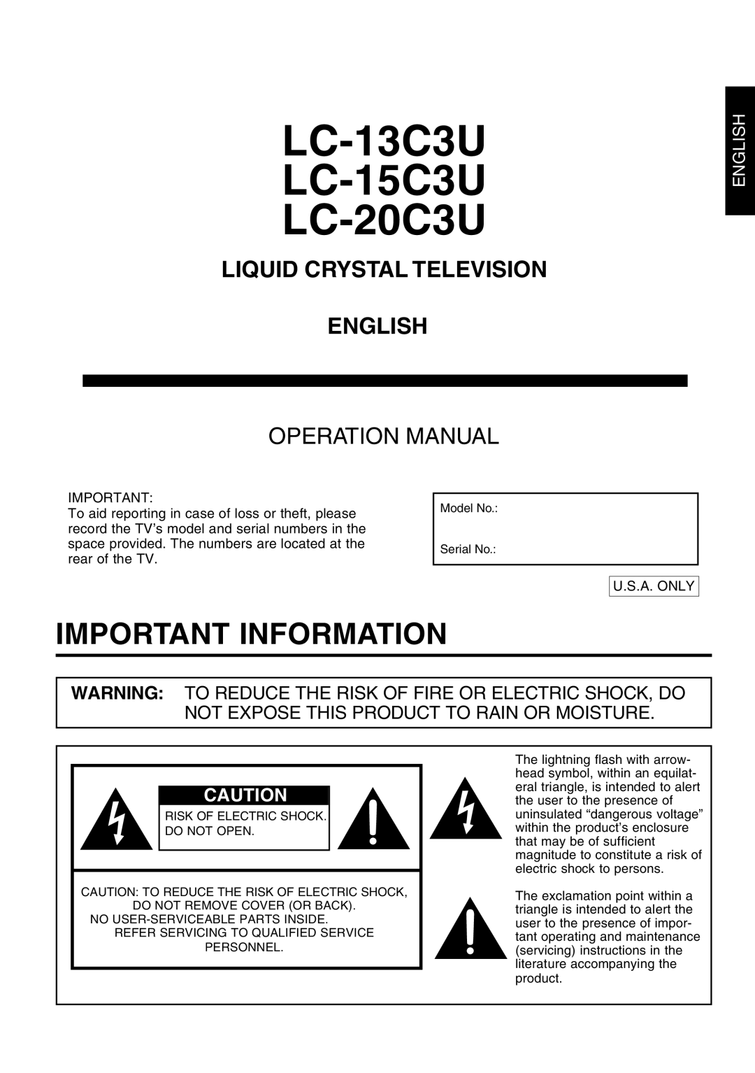 Sharp LC-20C3U, LC-13C3U, LC-15C3U operation manual Important Information 